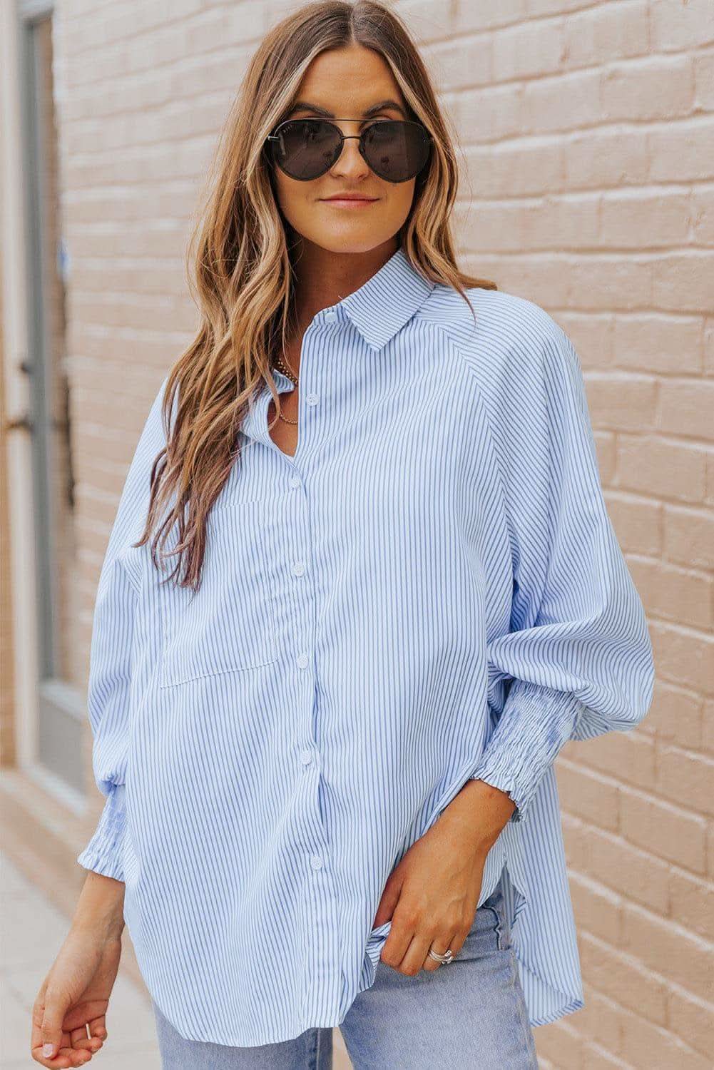 Striped Lantern Sleeve Collared Shirt, 3 Colors - SwagglyLife Home & Fashion