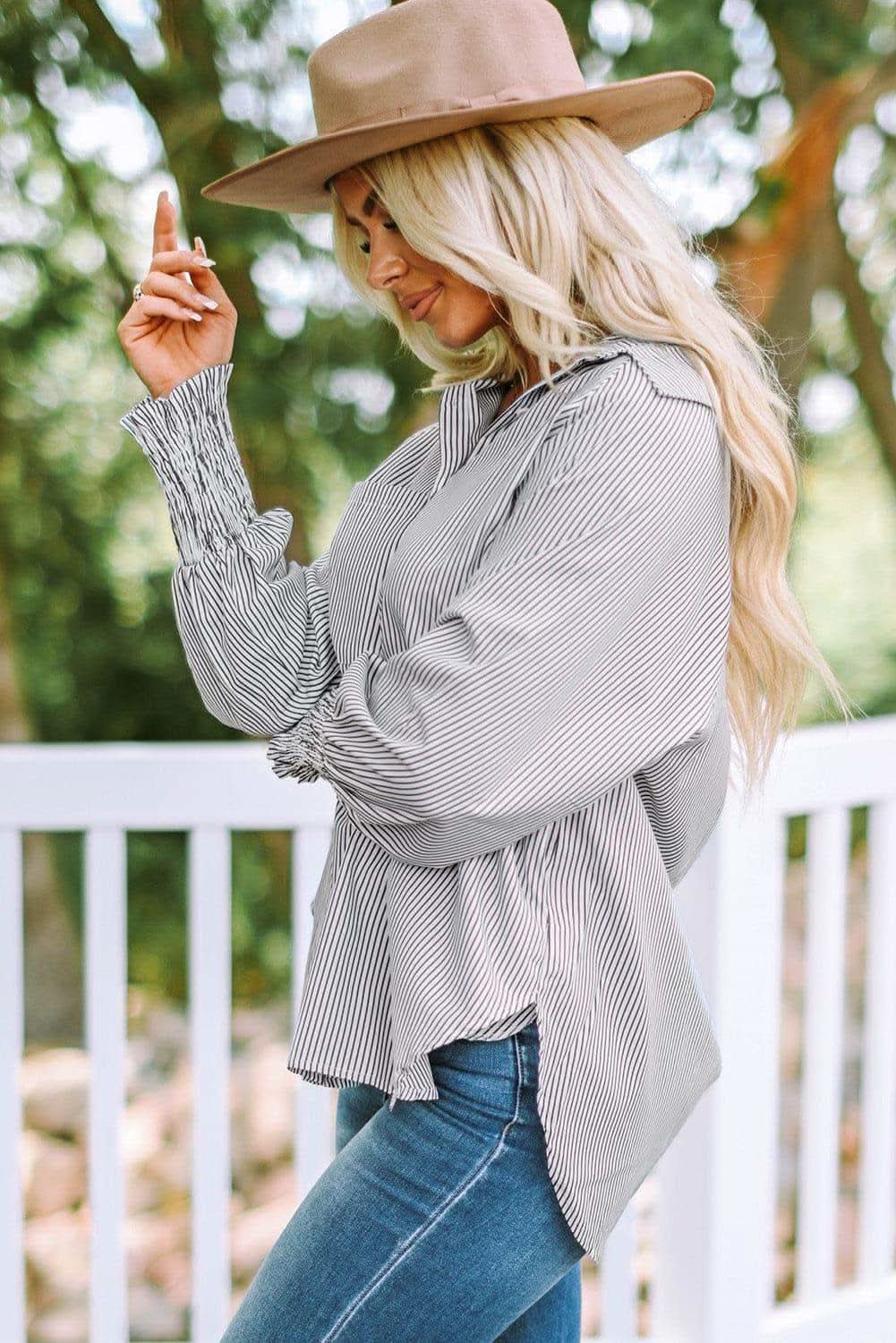 Striped Lantern Sleeve Collared Shirt, 3 Colors - SwagglyLife Home & Fashion
