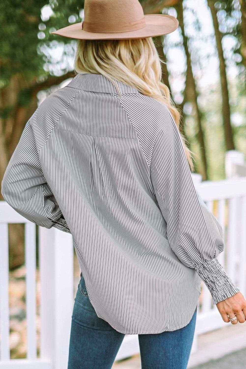 Striped Lantern Sleeve Collared Shirt, 3 Colors - SwagglyLife Home & Fashion