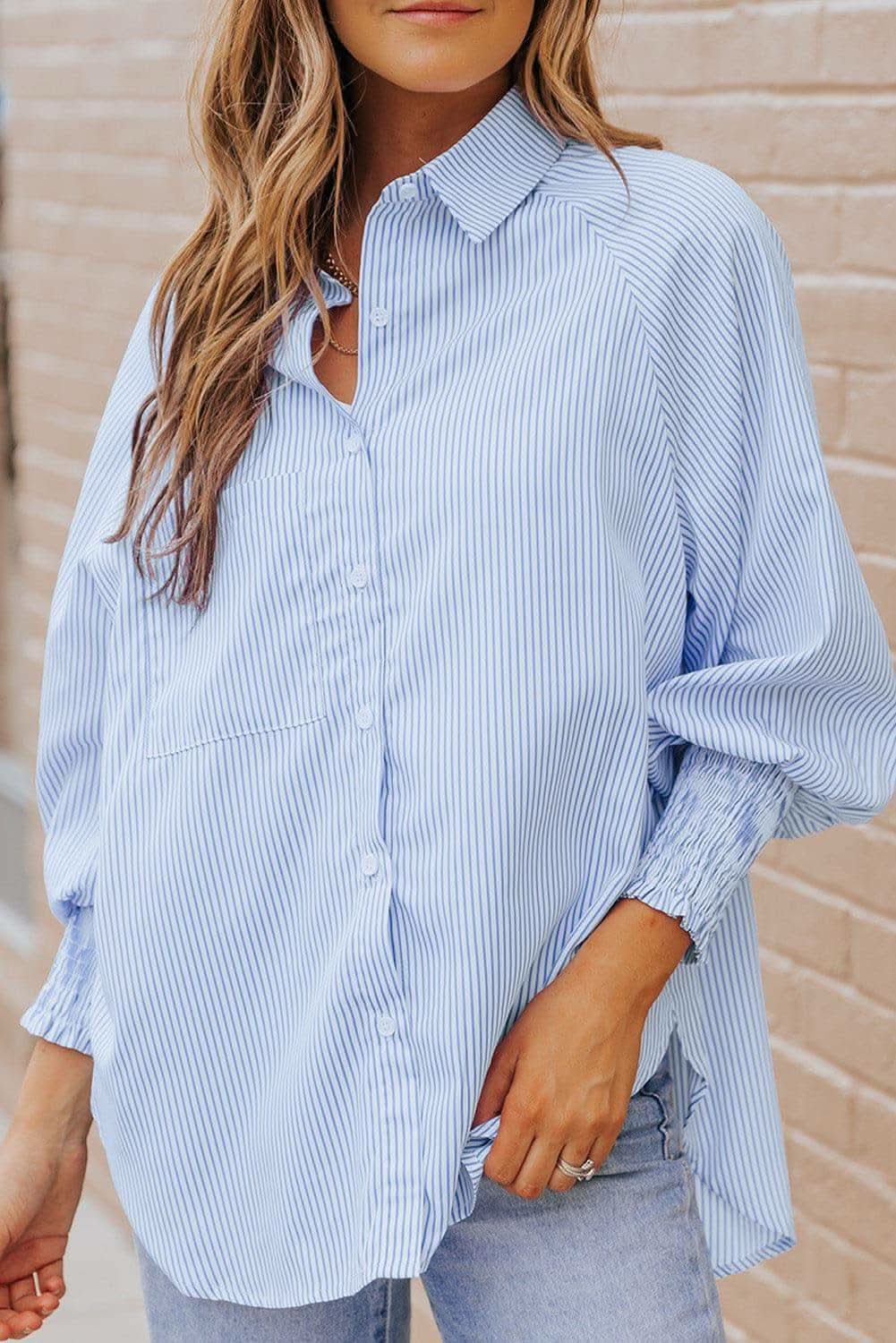 Striped Lantern Sleeve Collared Shirt, 3 Colors - SwagglyLife Home & Fashion