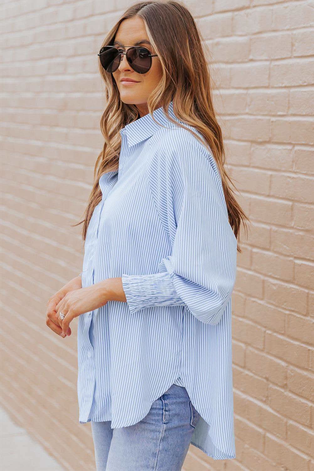 Striped Lantern Sleeve Collared Shirt, 3 Colors - SwagglyLife Home & Fashion