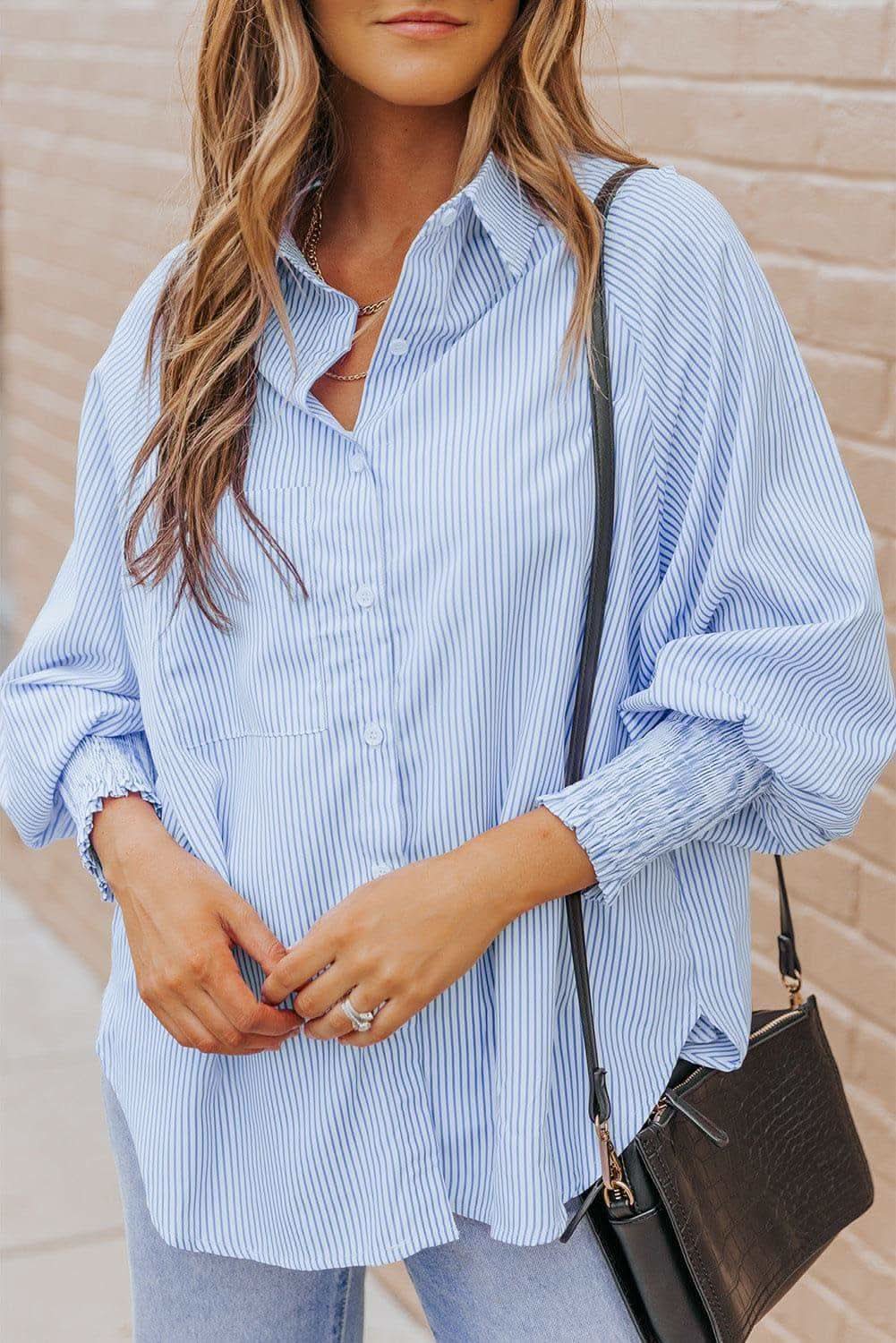Striped Lantern Sleeve Collared Shirt, 3 Colors - SwagglyLife Home & Fashion