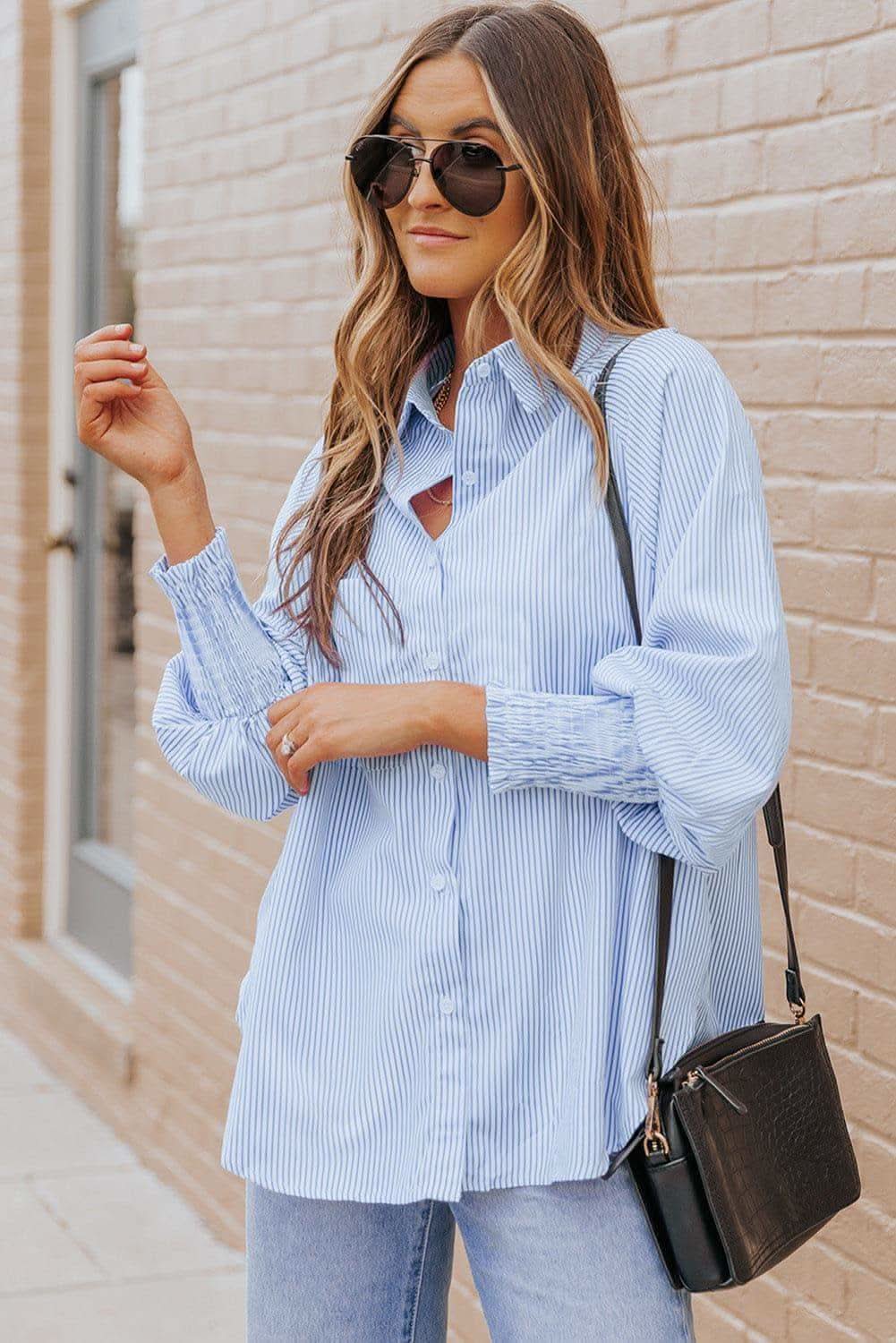 Striped Lantern Sleeve Collared Shirt, 3 Colors - SwagglyLife Home & Fashion