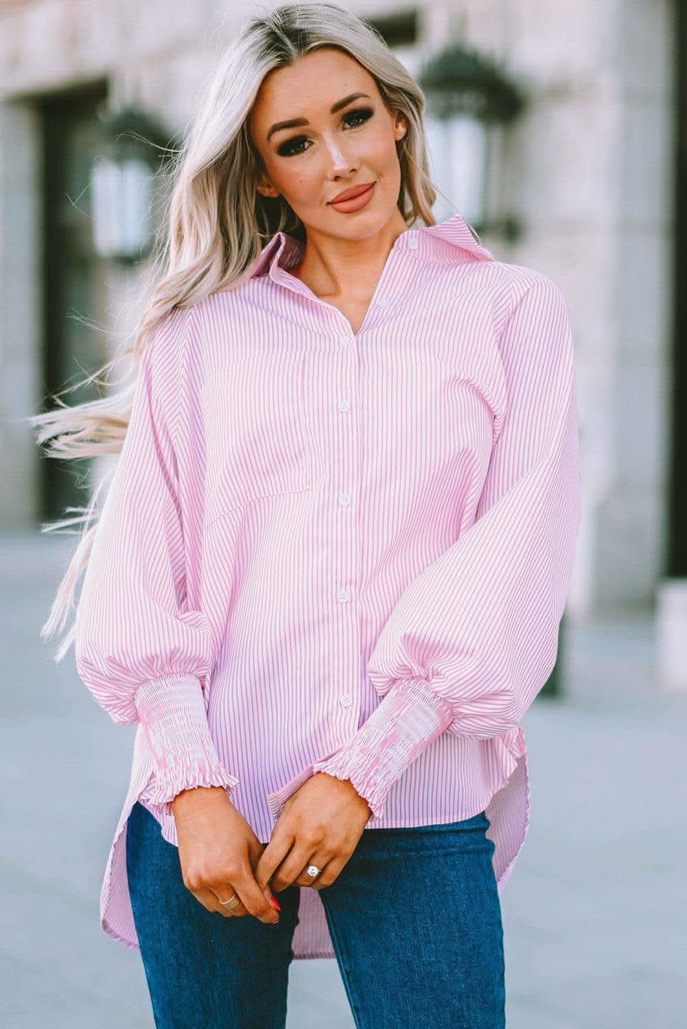 Striped Lantern Sleeve Collared Shirt, 3 Colors - SwagglyLife Home & Fashion