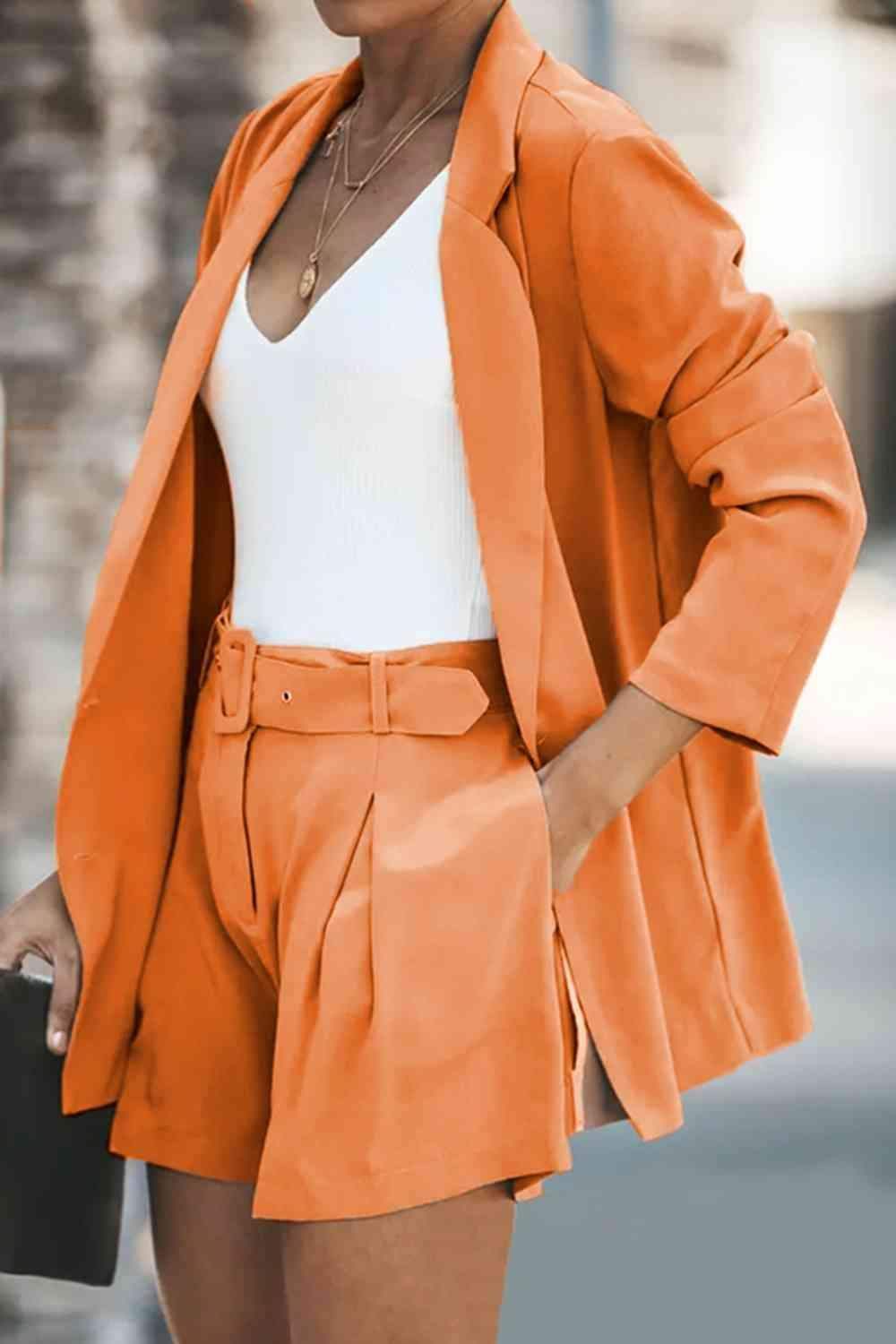 Longline Blazer and Shorts Set with Pockets - SwagglyLife Home & Fashion
