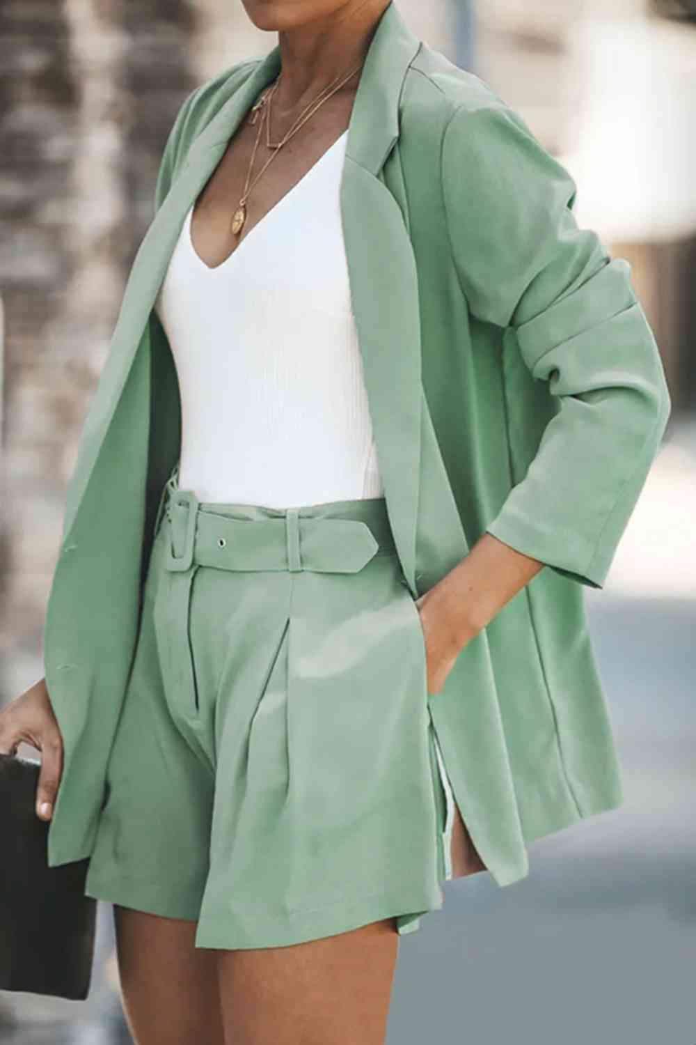 Longline Blazer and Shorts Set with Pockets - SwagglyLife Home & Fashion