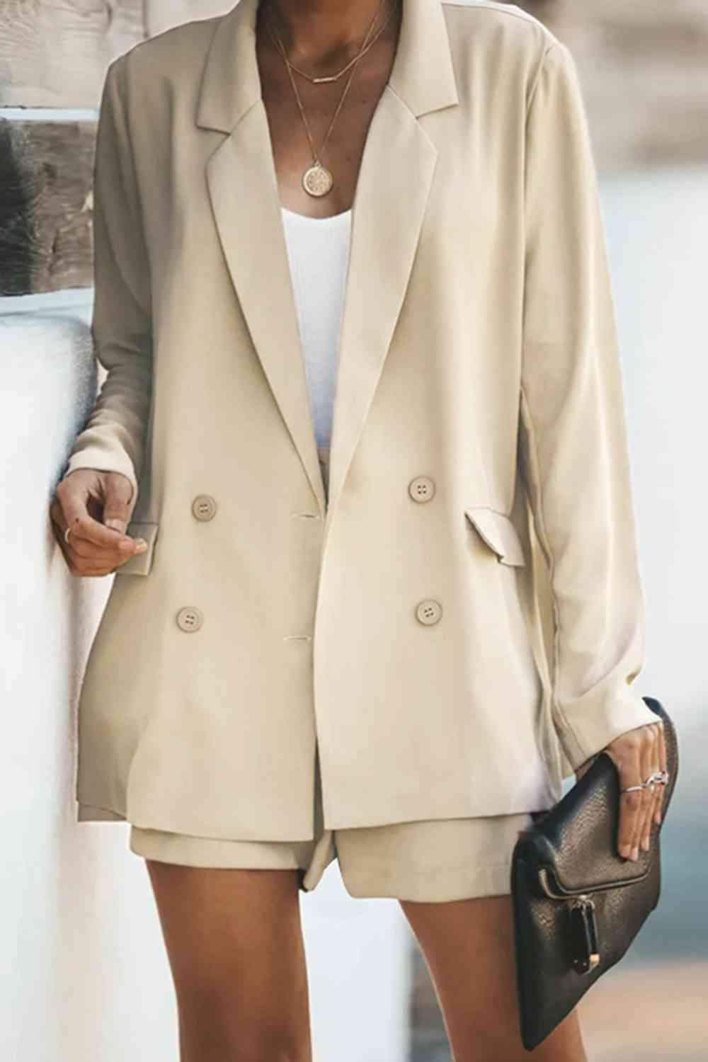 Longline Blazer and Shorts Set with Pockets - SwagglyLife Home & Fashion