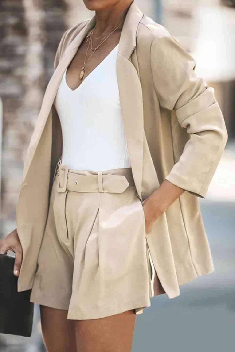 Longline Blazer and Shorts Set with Pockets - SwagglyLife Home & Fashion