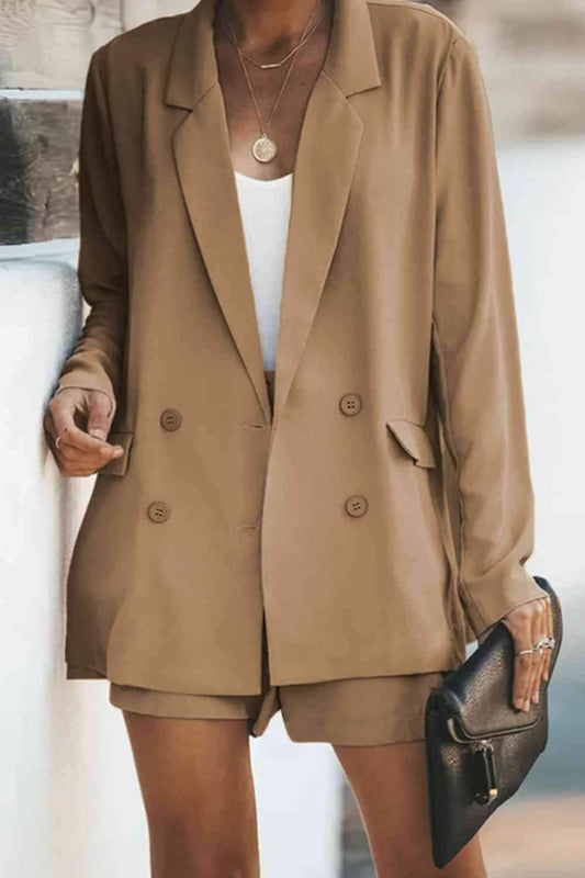 Longline Blazer and Shorts Set with Pockets in Camel - photo