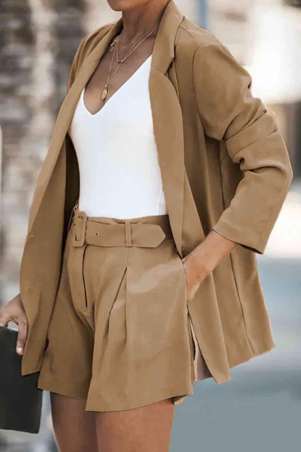 Longline Blazer and Shorts Set with Pockets - SwagglyLife Home & Fashion