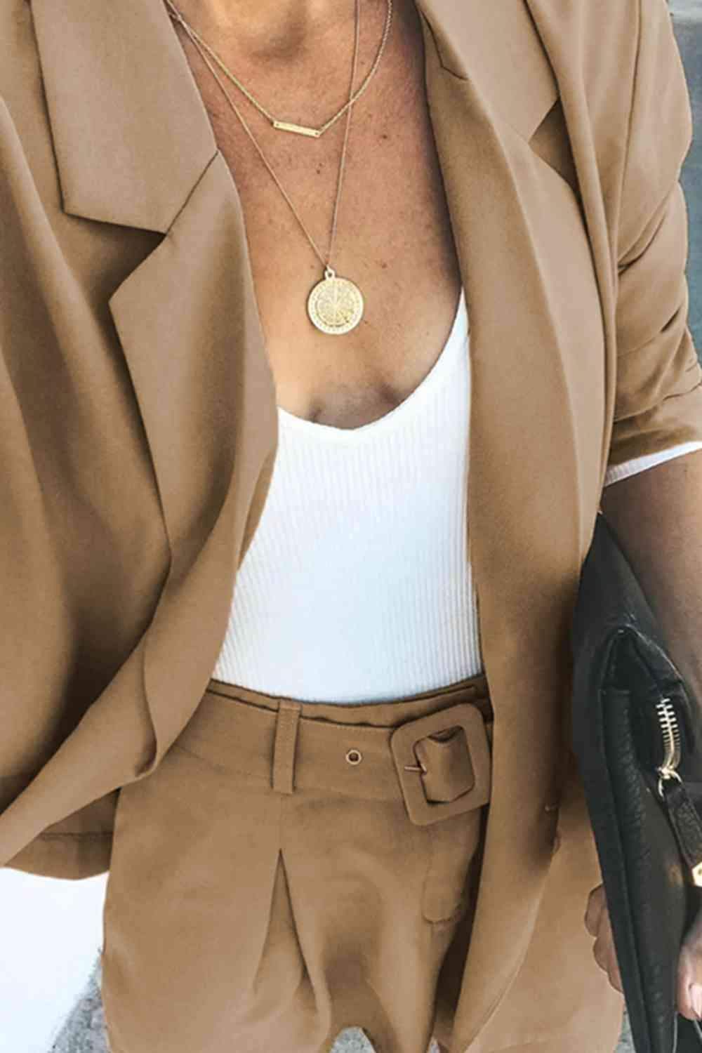 Longline Blazer and Shorts Set with Pockets - SwagglyLife Home & Fashion
