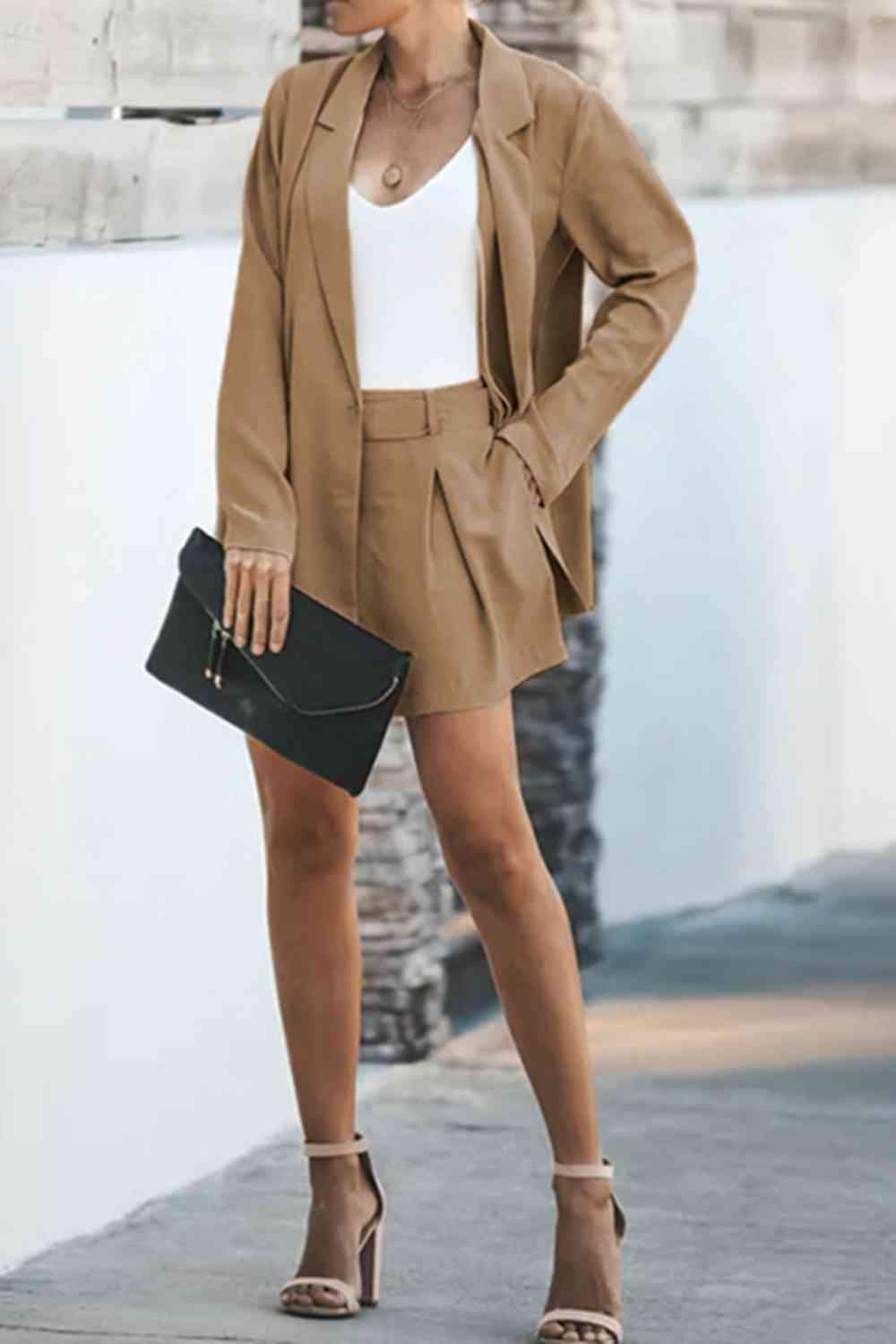 Longline Blazer and Shorts Set with Pockets - SwagglyLife Home & Fashion