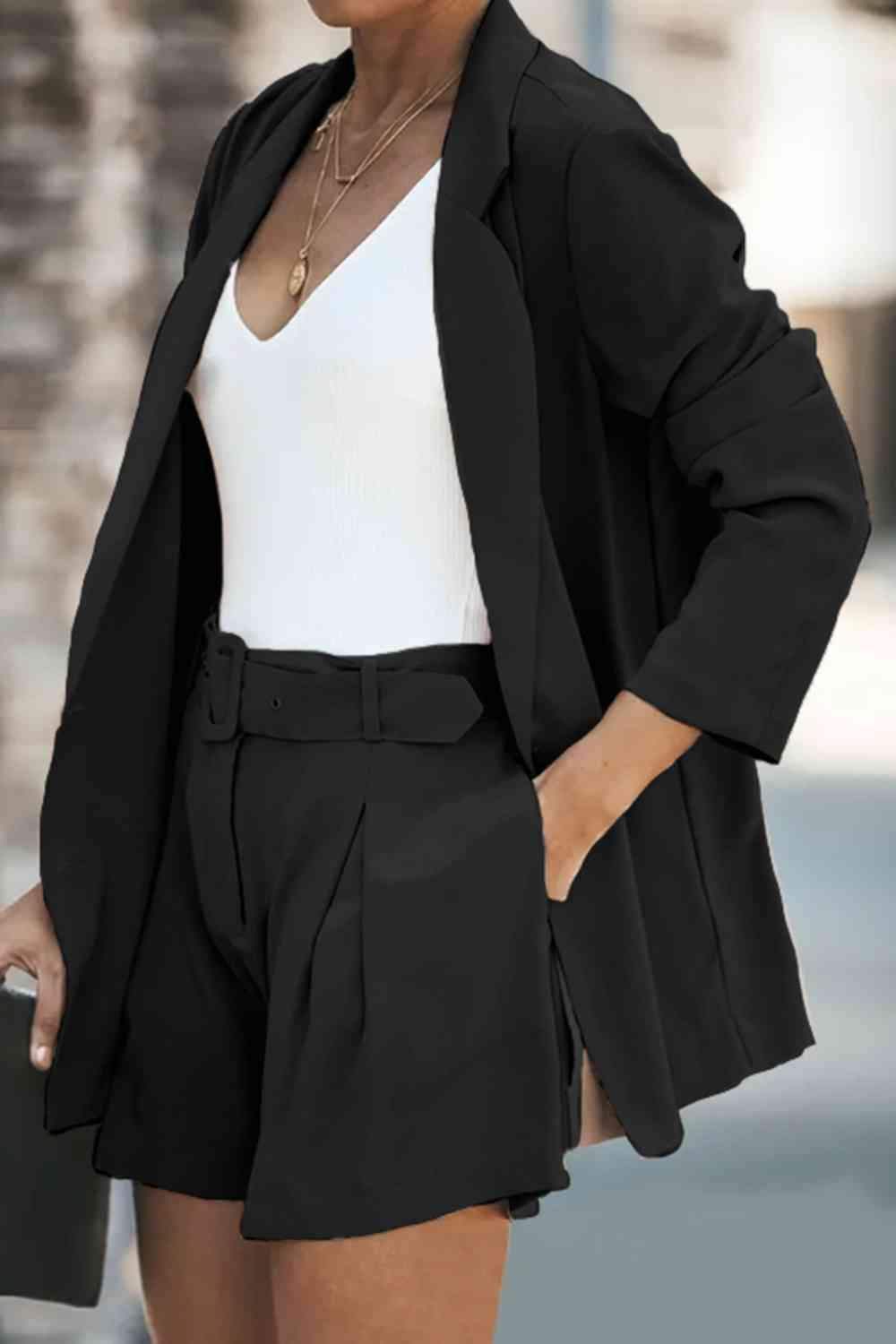 Longline Blazer and Shorts Set with Pockets - SwagglyLife Home & Fashion