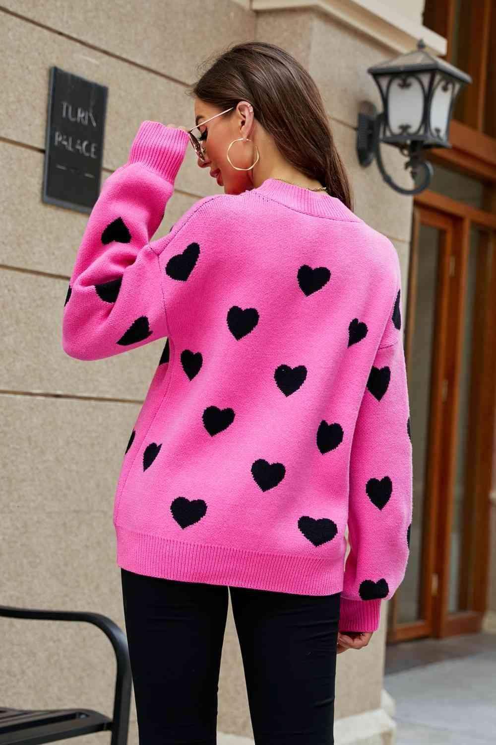 Love Letter Woven Right Heart Pattern Lantern Sleeve Round Neck Tunic Sweater - SwagglyLife Home & Fashion