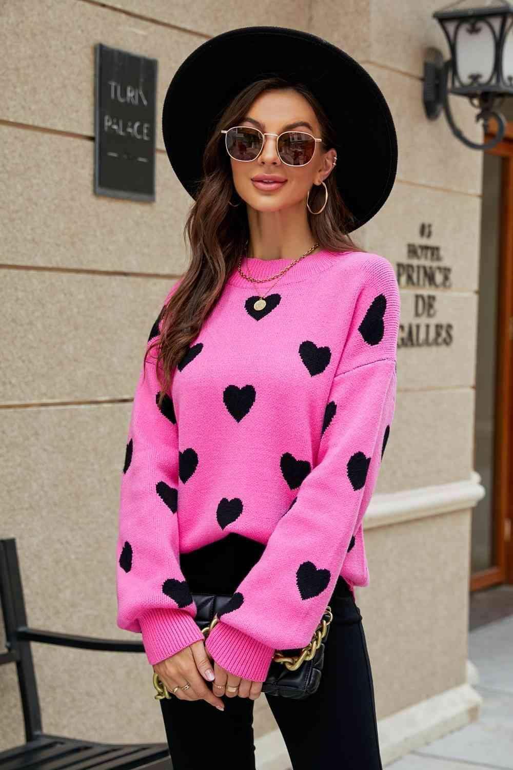Love Letter Woven Right Heart Pattern Lantern Sleeve Round Neck Tunic Sweater - SwagglyLife Home & Fashion