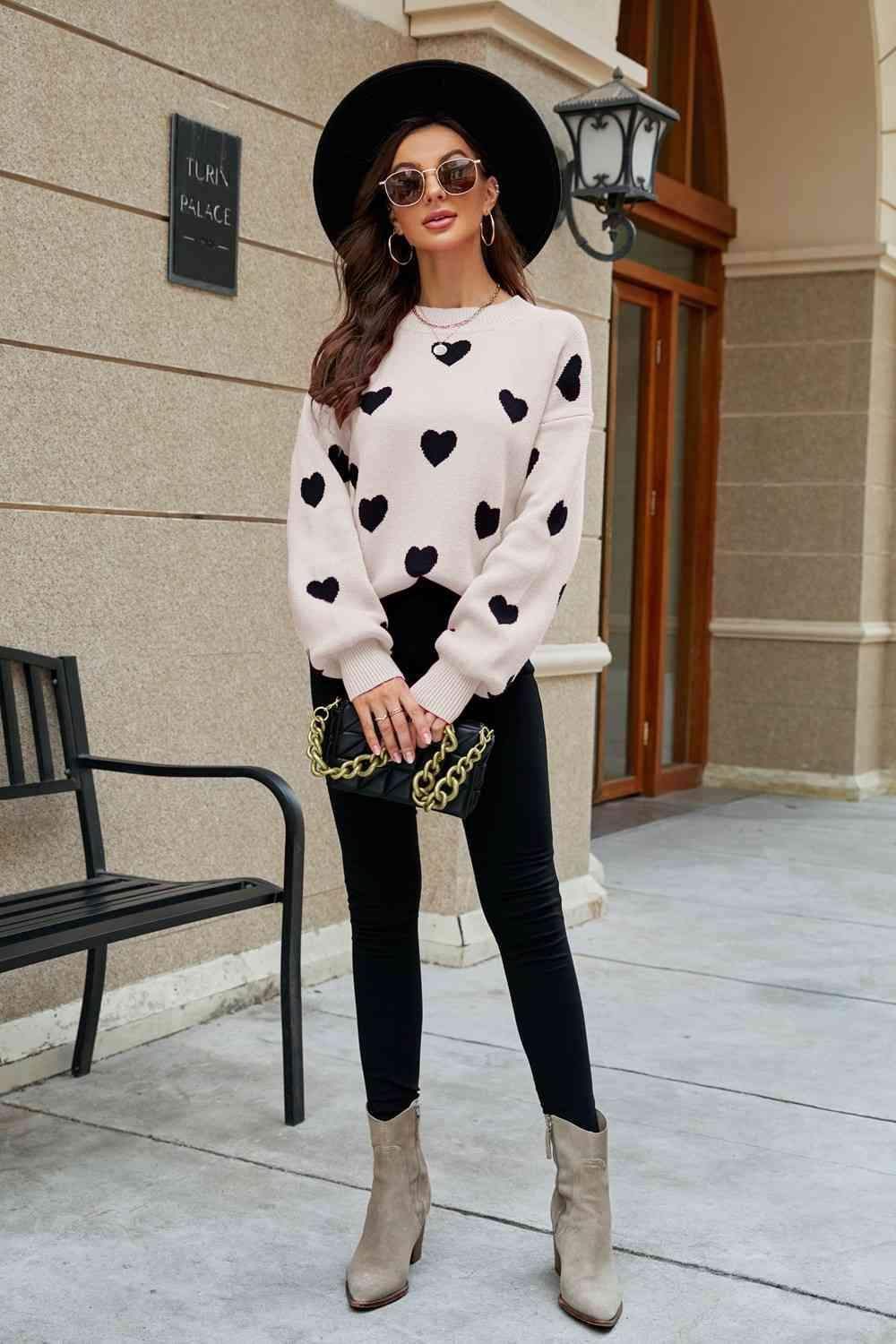 Love Letter Woven Right Heart Pattern Lantern Sleeve Round Neck Tunic Sweater - SwagglyLife Home & Fashion
