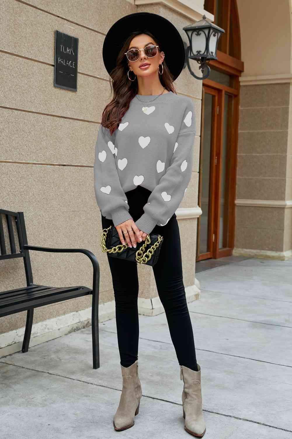 Love Letter Woven Right Heart Pattern Lantern Sleeve Round Neck Tunic Sweater - SwagglyLife Home & Fashion