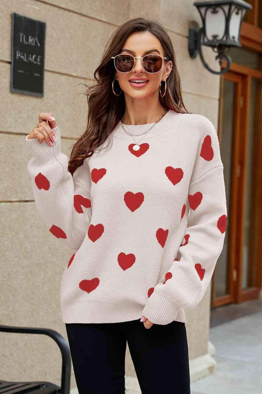 Love Letter Woven Right Heart Pattern Lantern Sleeve Round Neck Tunic Sweater in Beige Red - Shirts & Tops photo