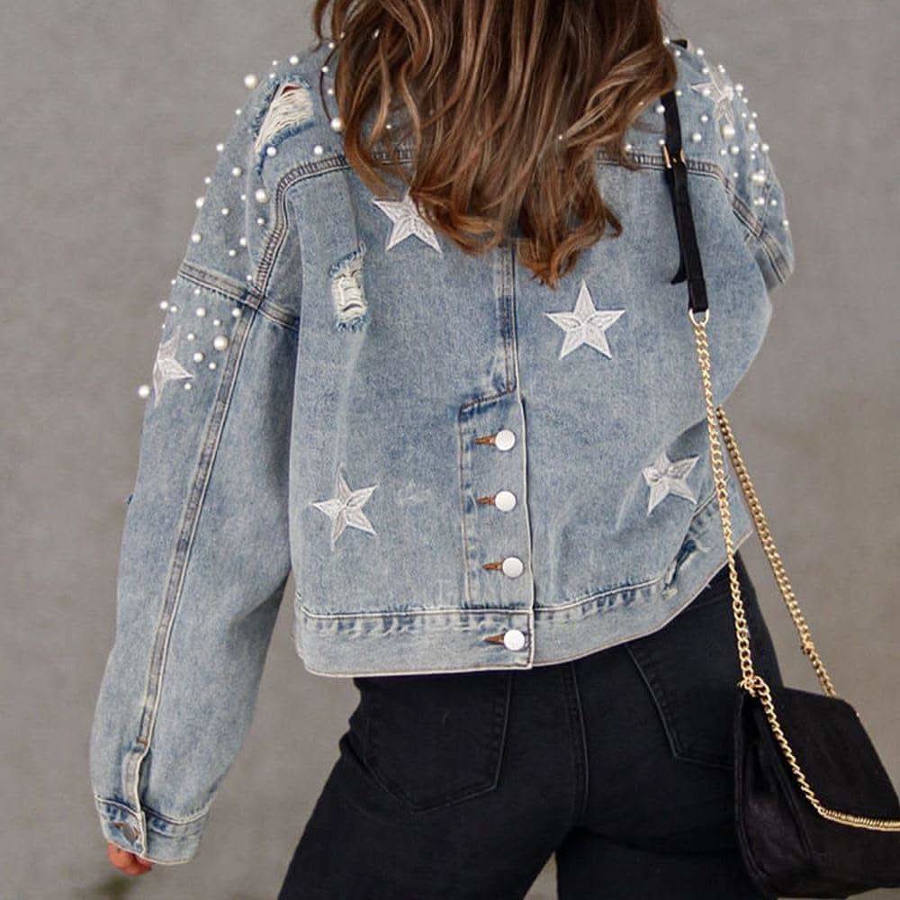 Megan Bead & Star Detail Denim Jacket, 3 Colors - SwagglyLife Home & Fashion