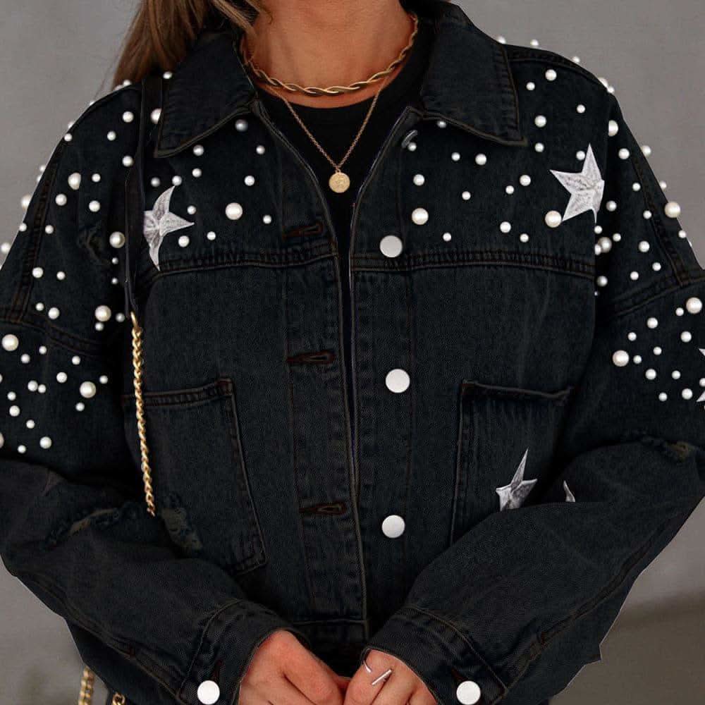 Megan Bead & Star Detail Denim Jacket, 3 Colors - SwagglyLife Home & Fashion
