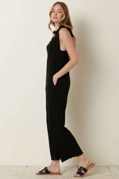 Mittoshop Rib Knit V-Neck Cross Back Jumpsuit - SwagglyLife Home & Fashion