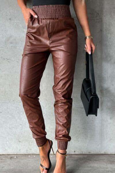 No Promises Smocked High Waist Pants with Pockets in Chestnut - Pants photo