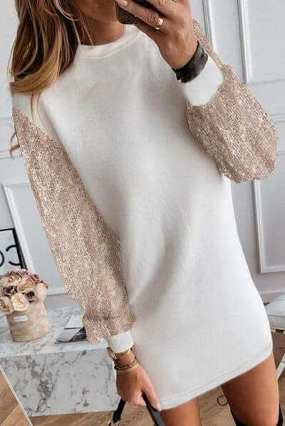 Olivia Sequin Long Sleeve Round Neck Mini Dress in - Dresses photo