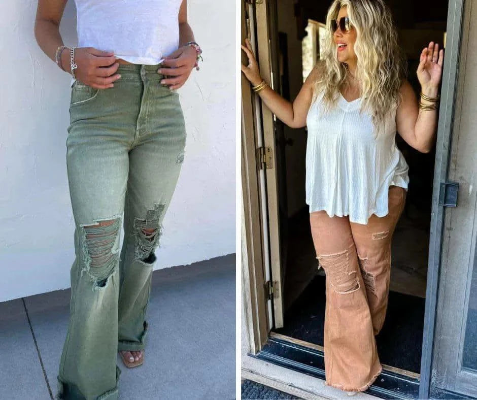 PREORDER: Blakeley Distressed Jeans In Olive and Camel - SwagglyLife Home & Fashion