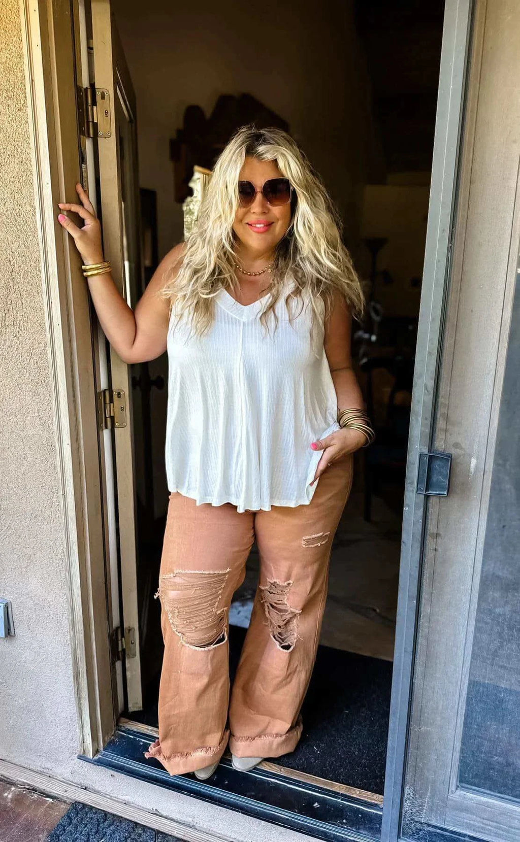 PREORDER: Blakeley Distressed Jeans In Olive and Camel - SwagglyLife Home & Fashion