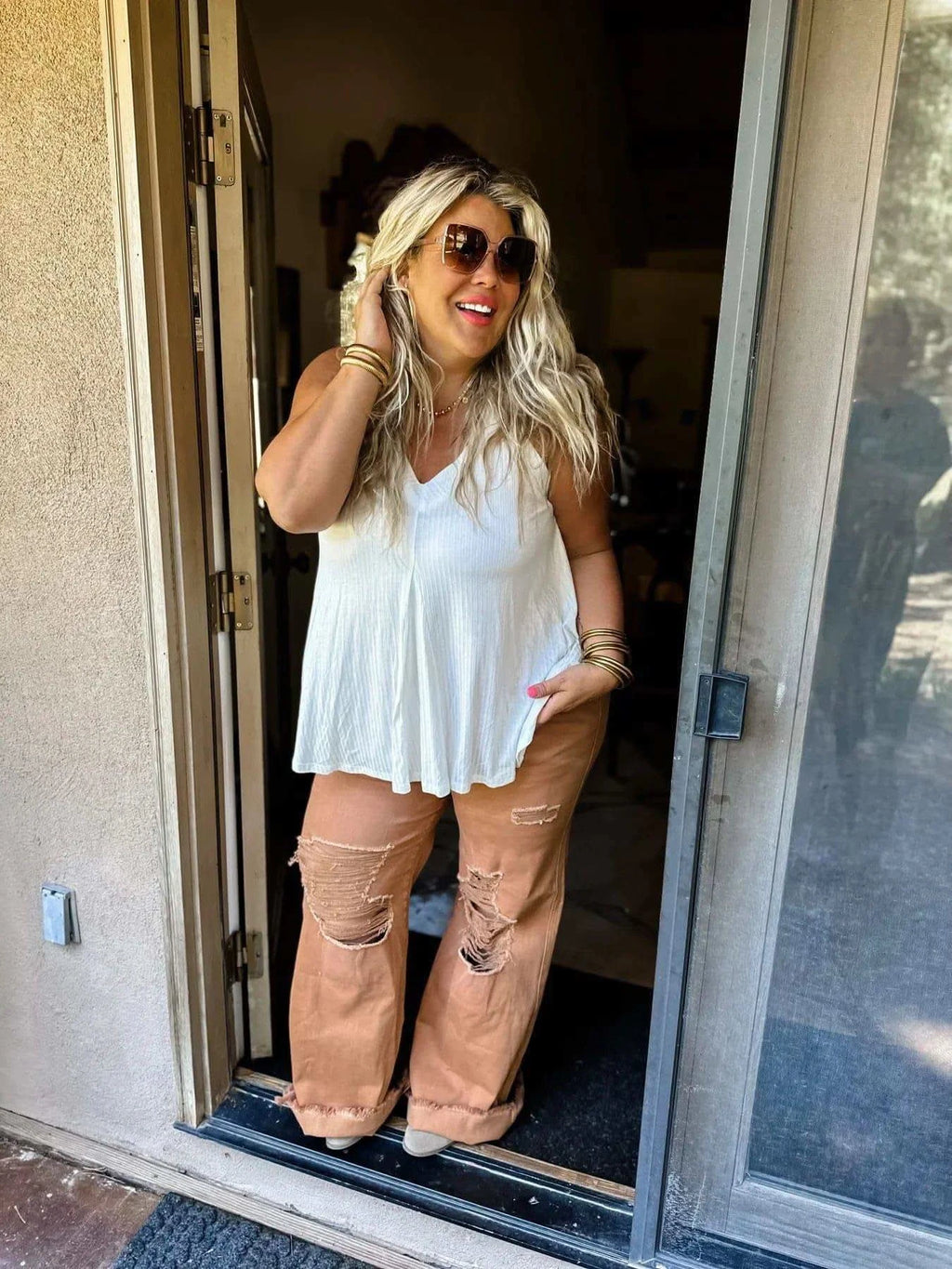 PREORDER: Blakeley Distressed Jeans In Olive and Camel - SwagglyLife Home & Fashion