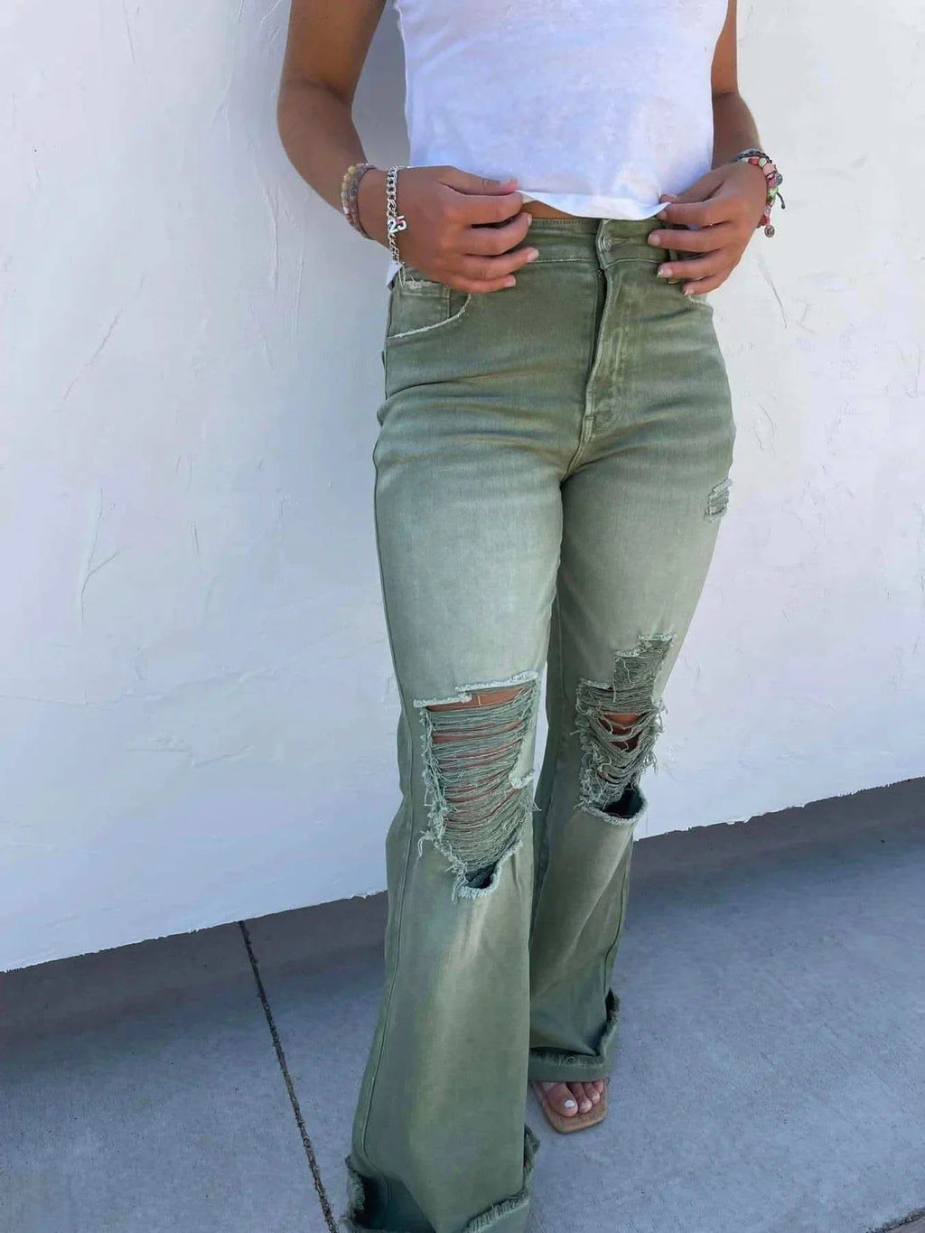 PREORDER: Blakeley Distressed Jeans In Olive and Camel - SwagglyLife Home & Fashion
