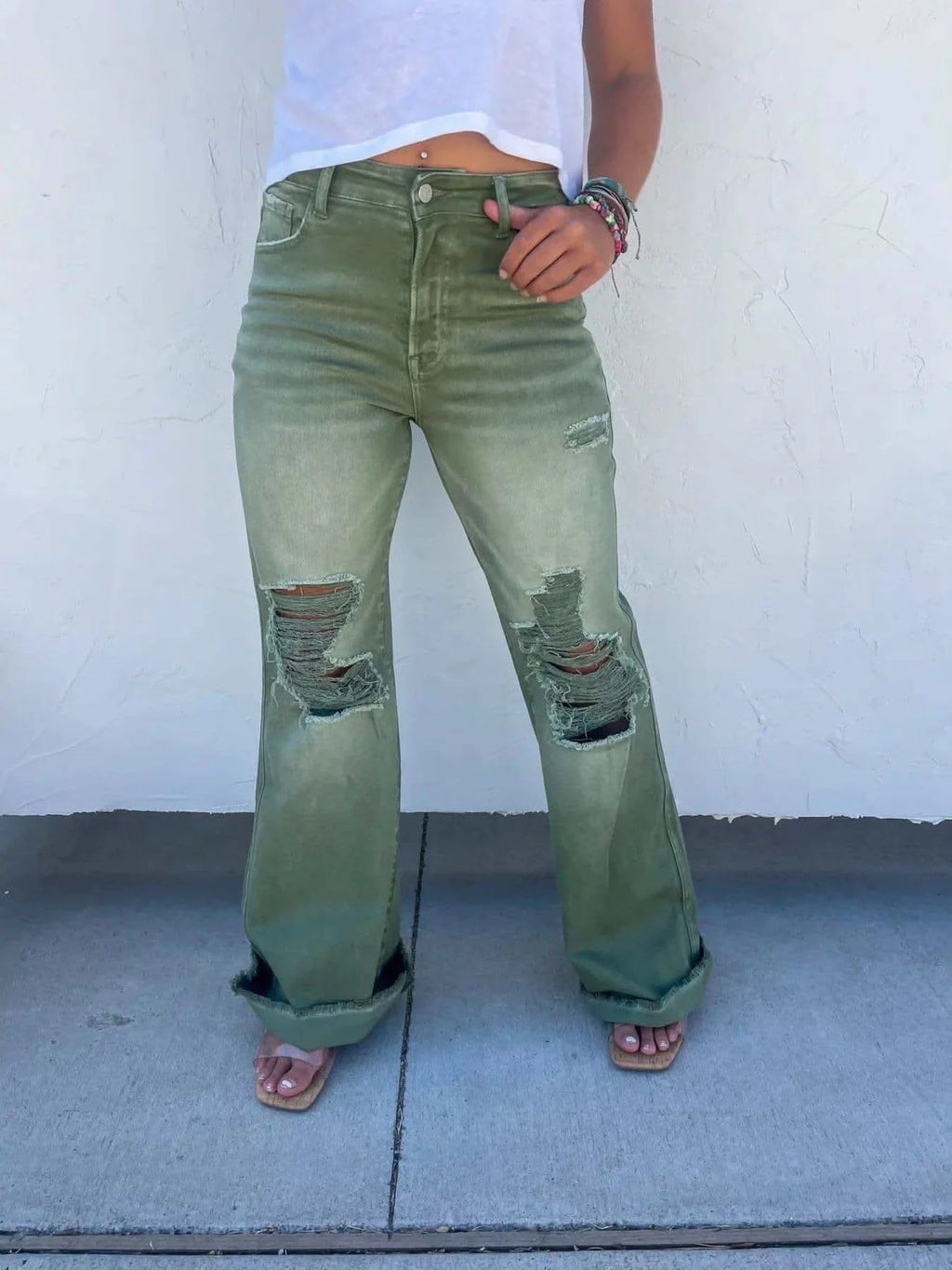 PREORDER: Blakeley Distressed Jeans In Olive and Camel - SwagglyLife Home & Fashion