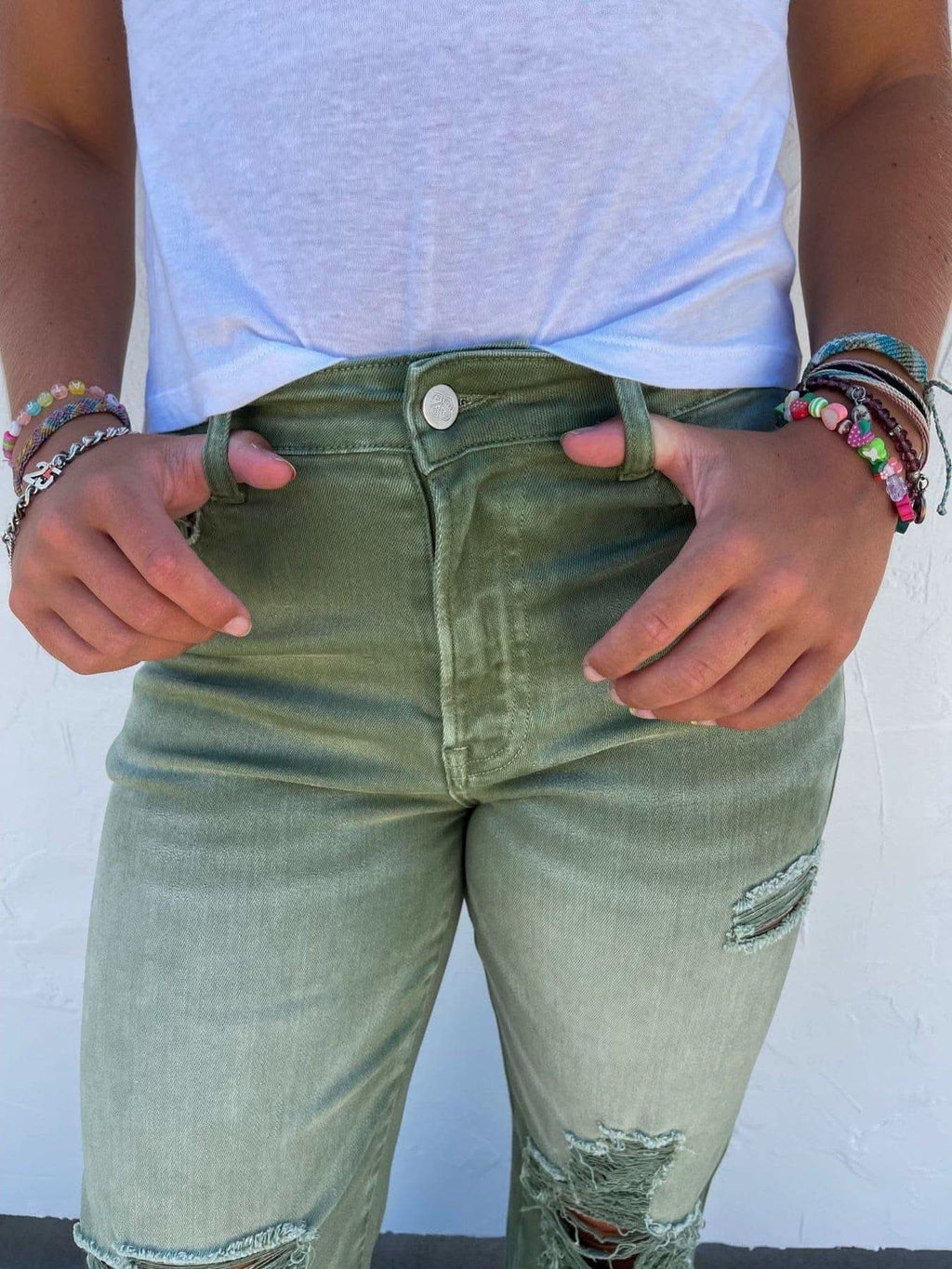 PREORDER: Blakeley Distressed Jeans In Olive and Camel - SwagglyLife Home & Fashion