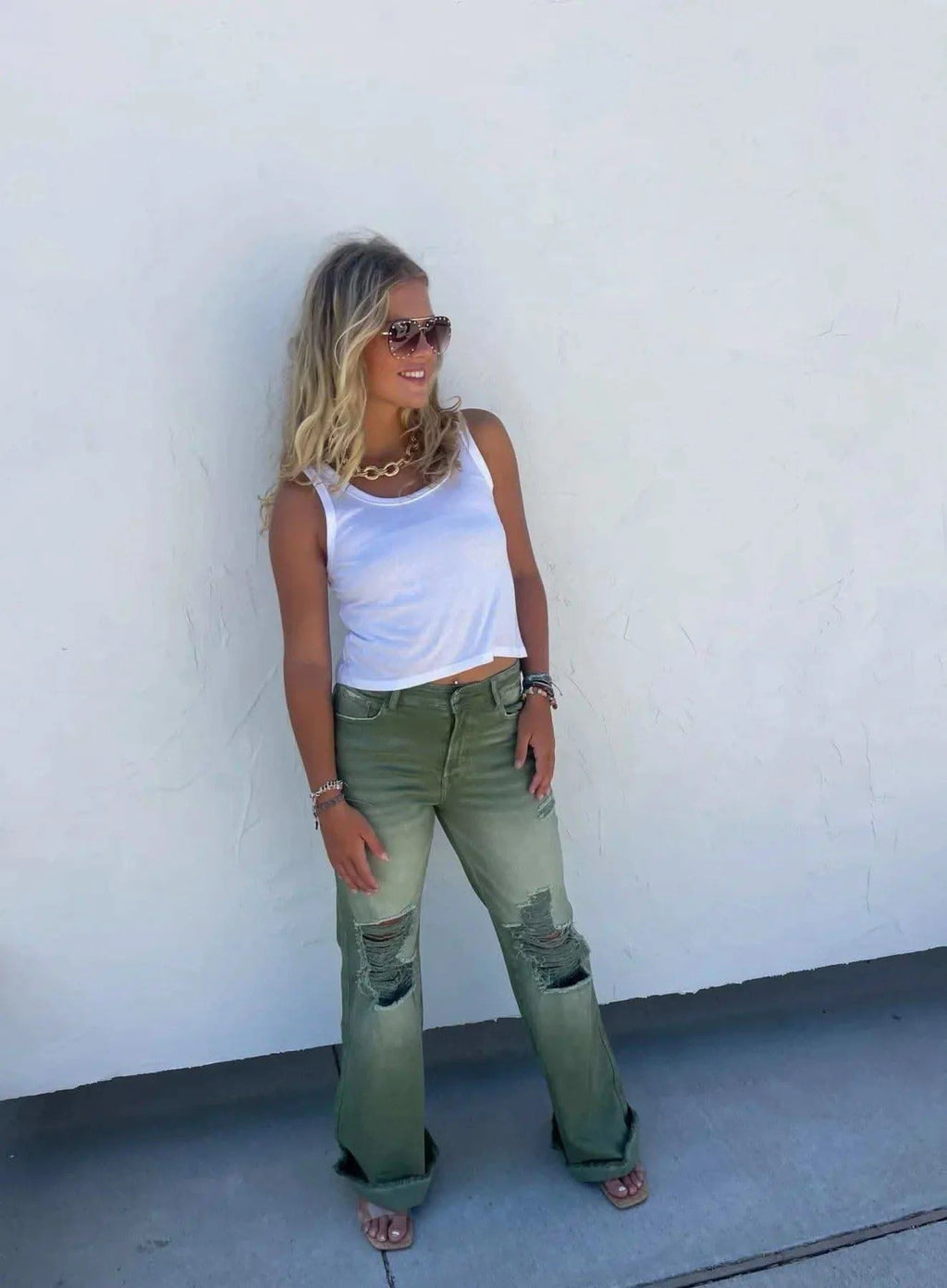 PREORDER: Blakeley Distressed Jeans In Olive and Camel - SwagglyLife Home & Fashion
