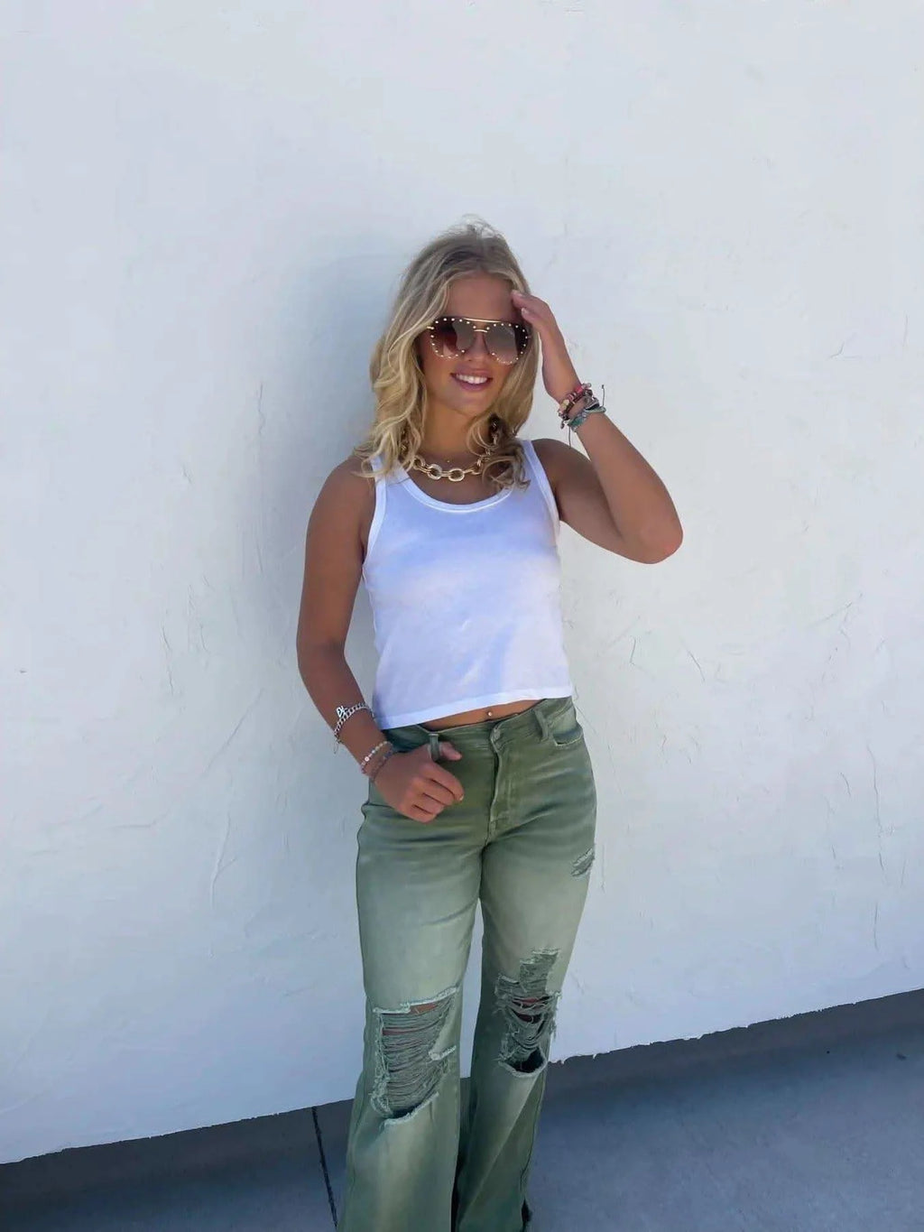 PREORDER: Blakeley Distressed Jeans In Olive and Camel - SwagglyLife Home & Fashion