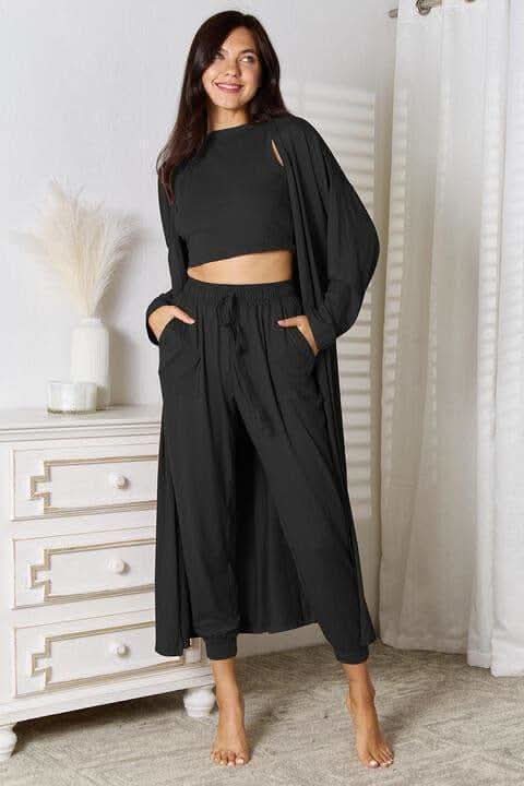 Tank, Pants, and Cardigan Set with Pockets in Black - Loungewear photo
