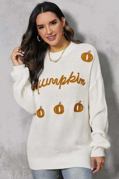 Pumpkin Embroidery Long Sleeve Sweater in White - Shirts & Tops photo