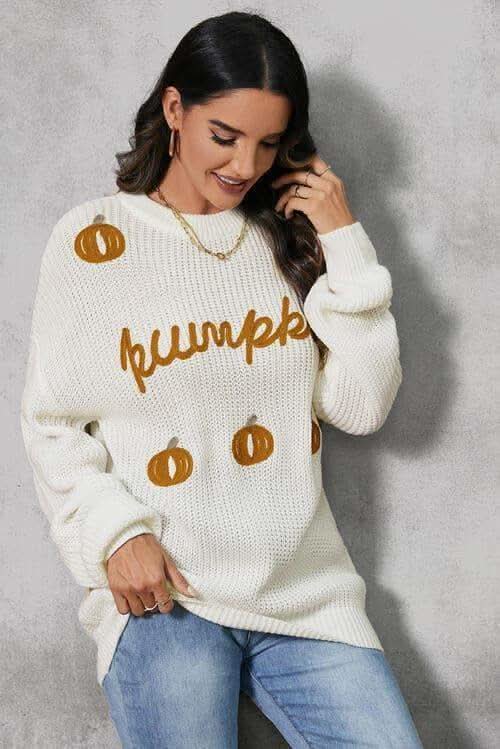 Pumpkin Embroidery Long Sleeve Sweater in - Shirts & Tops photo