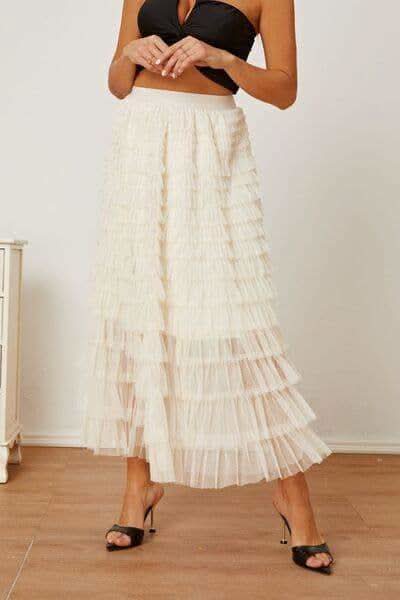 Ruched High Waist Tiered Skirt in Ivory - Skirts photo
