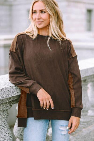 Sally Ribbed Exposed Seam Dropped Shoulder Blouse - SwagglyLife Home & Fashion