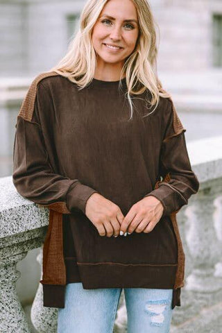 Sally Ribbed Exposed Seam Dropped Shoulder Blouse - SwagglyLife Home & Fashion