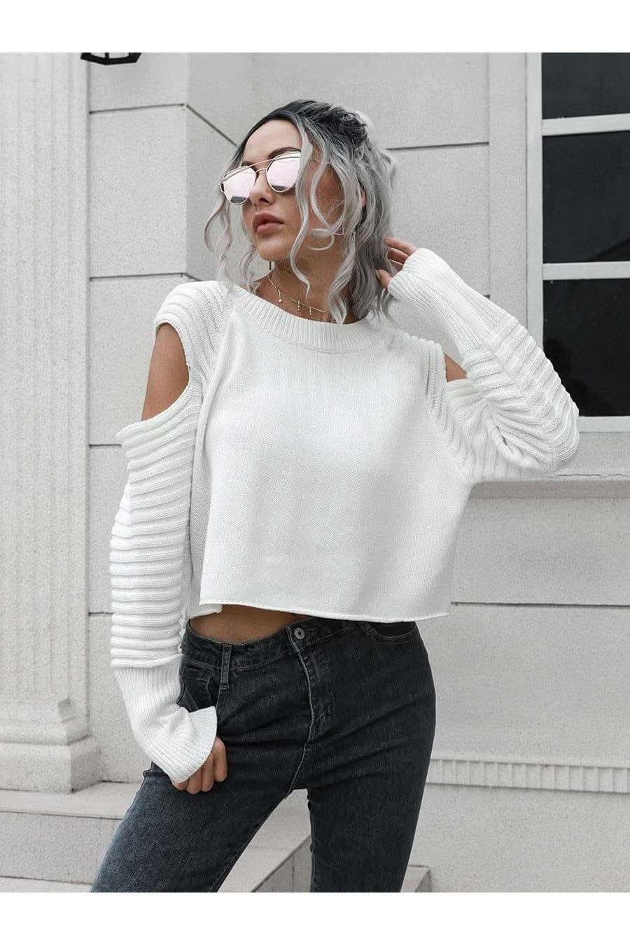 Sandie Cold-Shoulder Ribbed Trim Sweater, Multiple Colors - SwagglyLife Home & Fashion