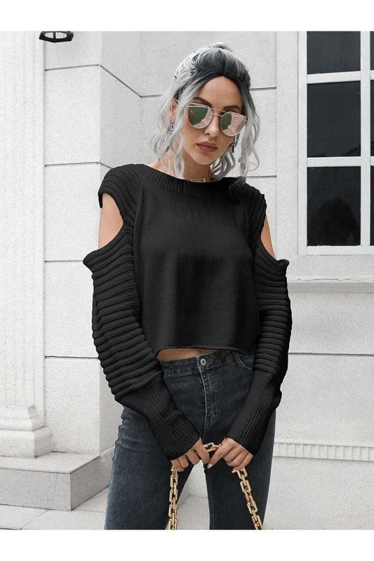 Sandie Cold-Shoulder Ribbed Trim Sweater, Multiple Colors in Black - Shirts & Tops photo