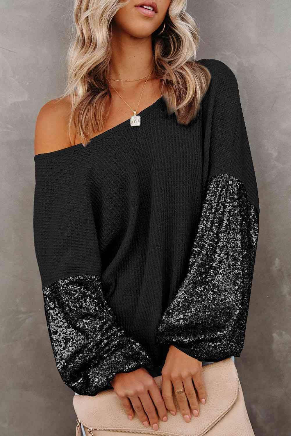 Sandra Sequin Waffle-Knit Blouse in Black - Shirts & Tops photo