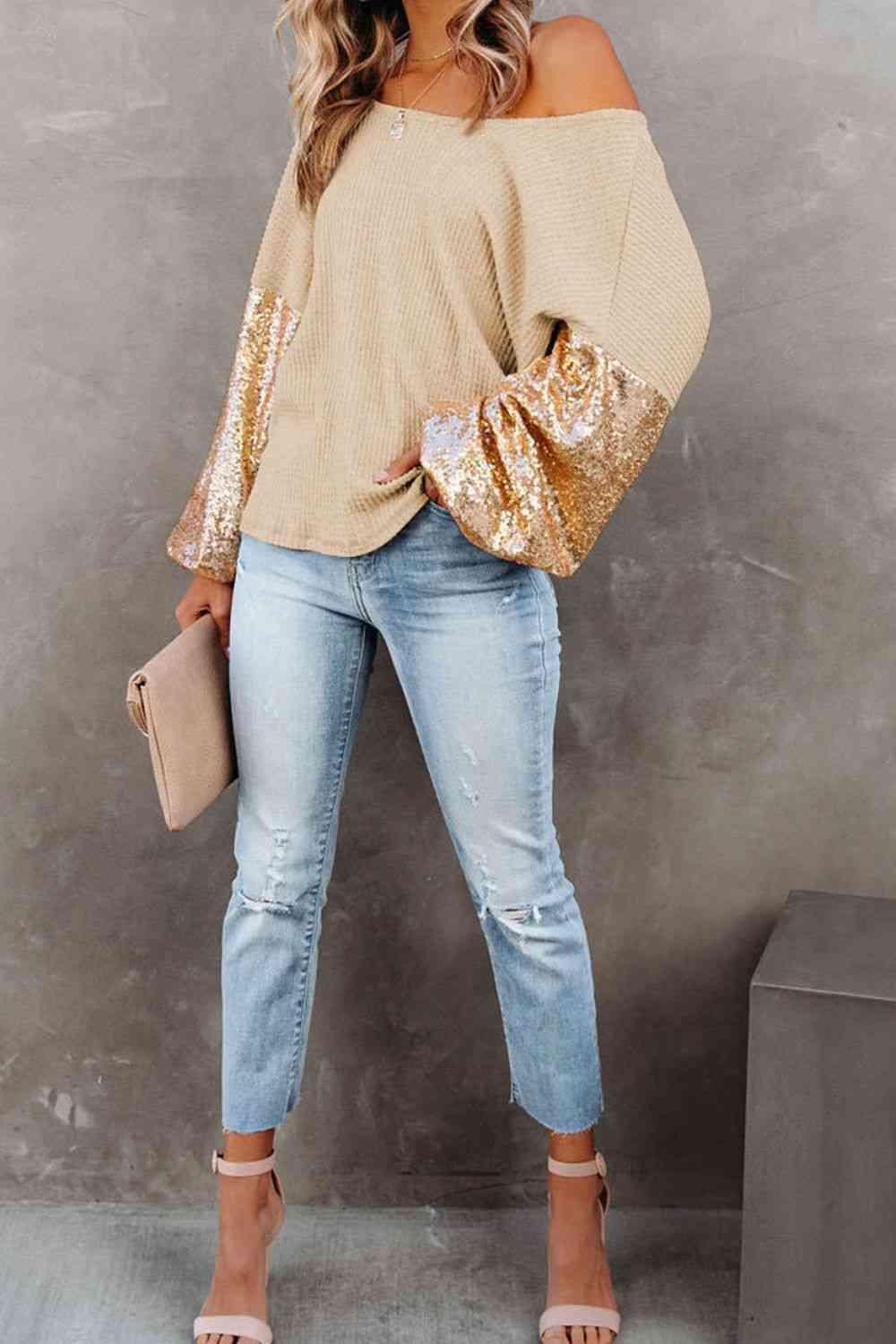 Sandra Sequin Waffle-Knit Blouse - SwagglyLife Home & Fashion
