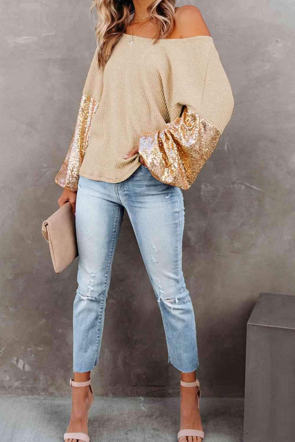 Sandra Sequin Waffle-Knit Blouse - SwagglyLife Home & Fashion