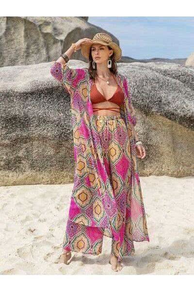 Sasha Printed Open Front Cardigan and Pants Set in Cerise - Outfit Sets photo