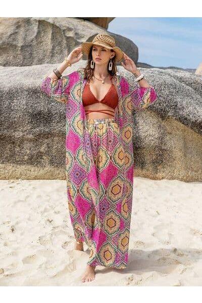 Sasha Printed Open Front Cardigan and Pants Set - SwagglyLife Home & Fashion