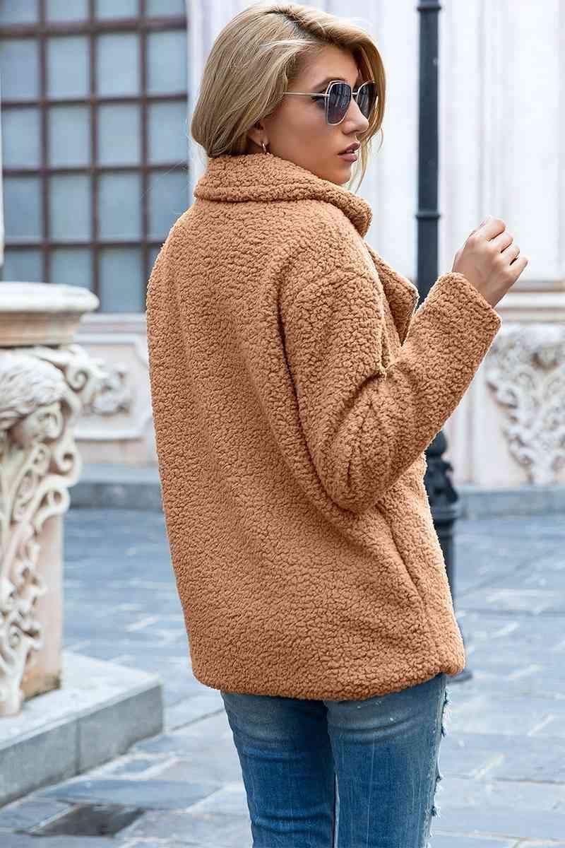 Sophia Full Size Lapel Collar Sherpa Coat - SwagglyLife Home & Fashion
