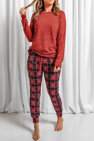 Round Neck Top and Drawstring Plaid Pants Lounge Set - SwagglyLife Home & Fashion